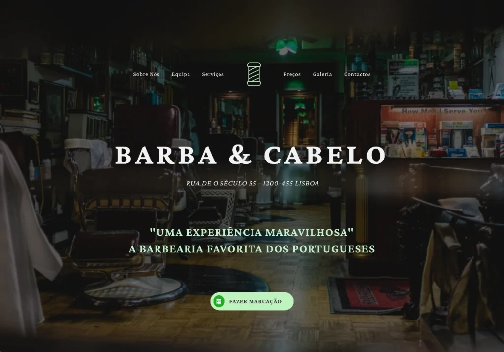 Página inicial de um site modelo para barbearia com o título Barba e Cabelo e botão de marcação online.