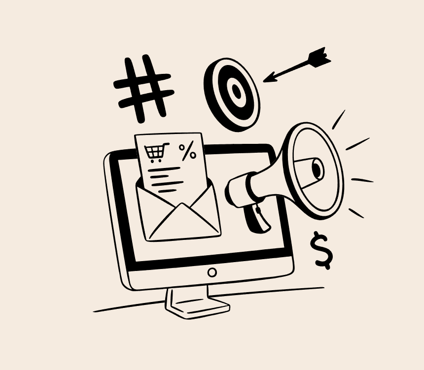 lustração de um computador com um megafone e um envelope de e-mail marketing a sair do ecrã, rodeado por ícones de hashtag, alvo, símbolo de dólar e carrinho de compras