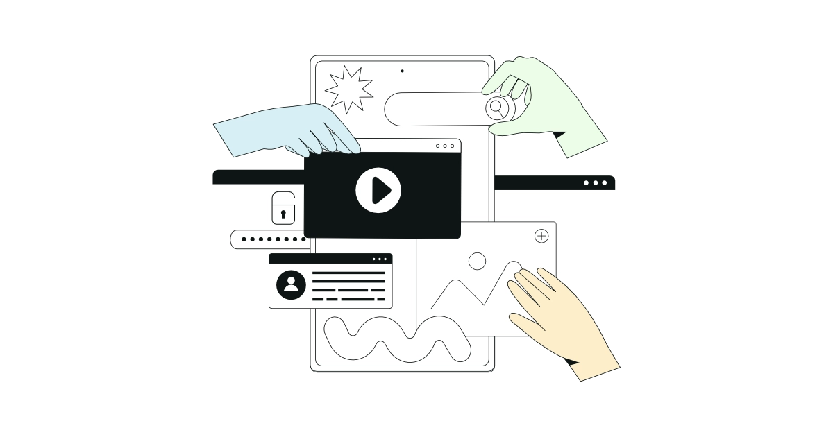 Criação e personalização de um website profissional Ilustração de mãos coloridas a organizar elementos de um website, como vídeo, login seguro e galeria, sobre um fundo branco.