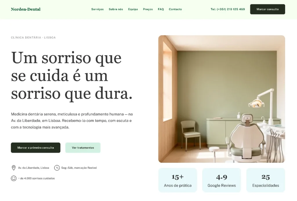 Página inicial de um website de medicina dentária com tons verdes suaves, mostrando um consultório moderno e equipamentos de última geração.